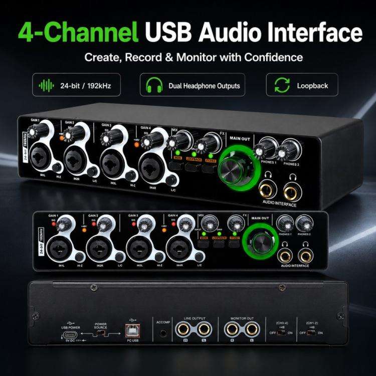 XTUGA E-44 4 In-2 Out 24Bit 192kHz Professional USB Audio Interface Recording Sound Card(Black)