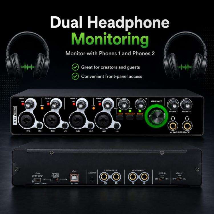 XTUGA E-44 4 In-2 Out 24Bit 192kHz Professional USB Audio Interface Recording Sound Card(Black)