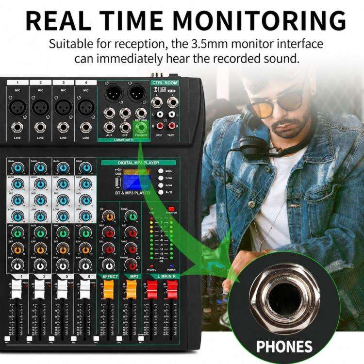 XTUGA CT80 8-Channel Professional Audio Mixer DJ Console(Black)