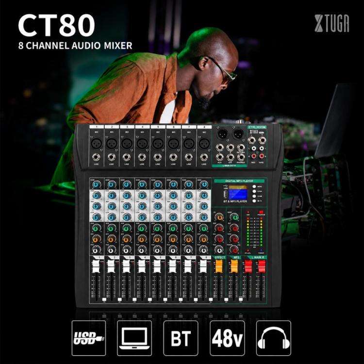 XTUGA CT80 8-Channel Professional Audio Mixer DJ Console(Black)