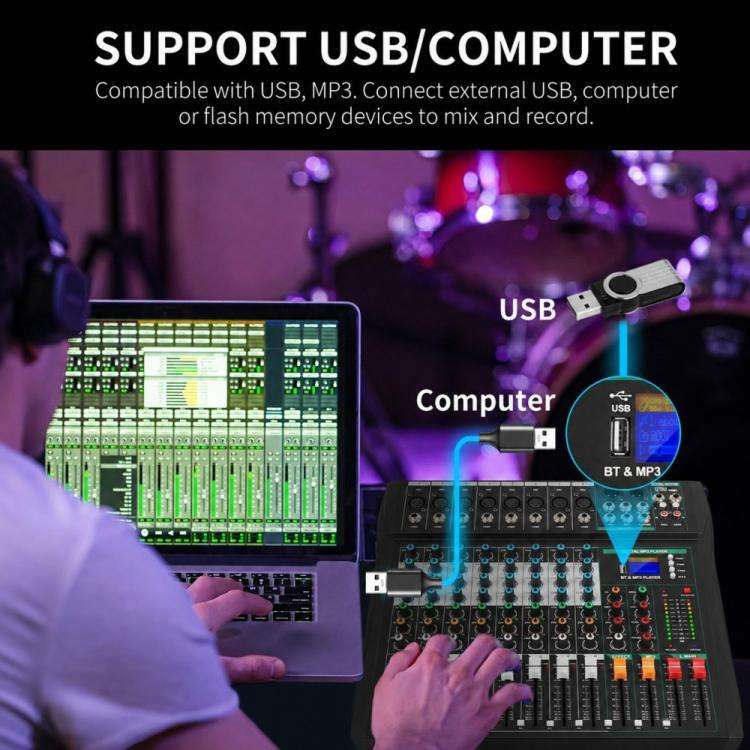 XTUGA CT80 8-Channel Professional Audio Mixer DJ Console(Black)
