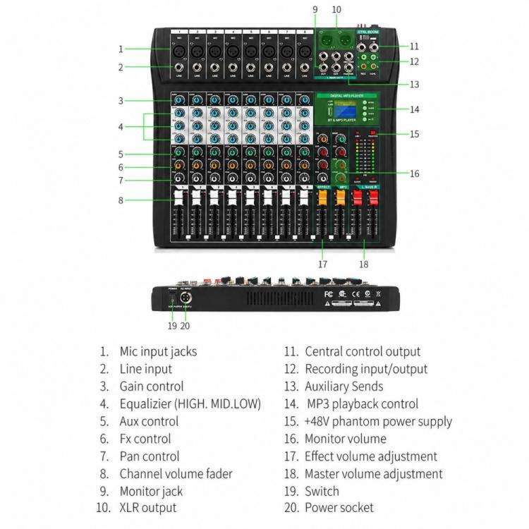 XTUGA CT80 8-Channel Professional Audio Mixer DJ Console(Black)