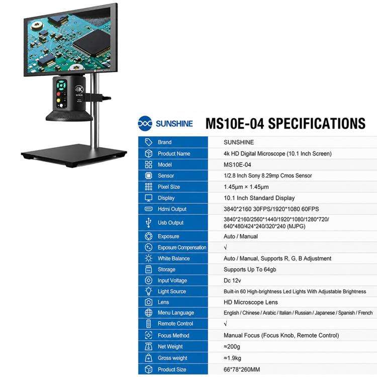 SUNSHINE MS10E-04 4K HD Digital Microscope with Metal Stand Base & 10-inch Large Display, Plug:UK...
