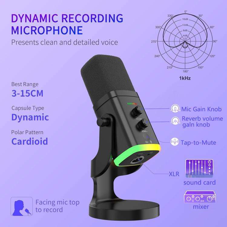 YU8 USB Dynamic Driver Noise Reduction Gaming RGB Microphone(Black)