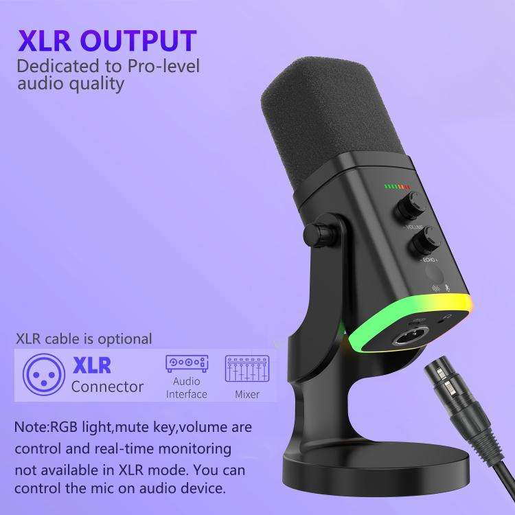 YU8 USB Dynamic Driver Noise Reduction Gaming RGB Microphone(Black)