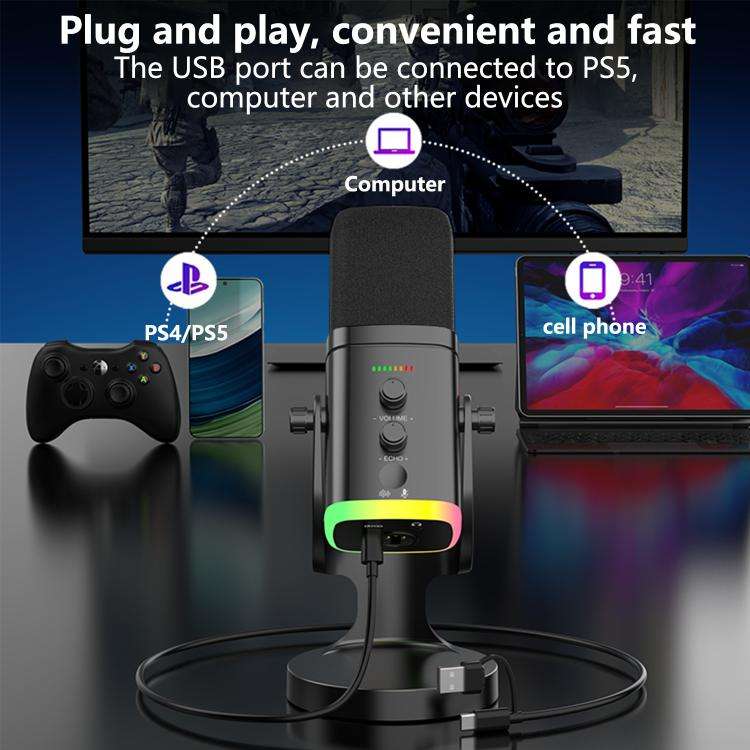 YU8 USB Dynamic Driver Noise Reduction Gaming RGB Microphone(Black)
