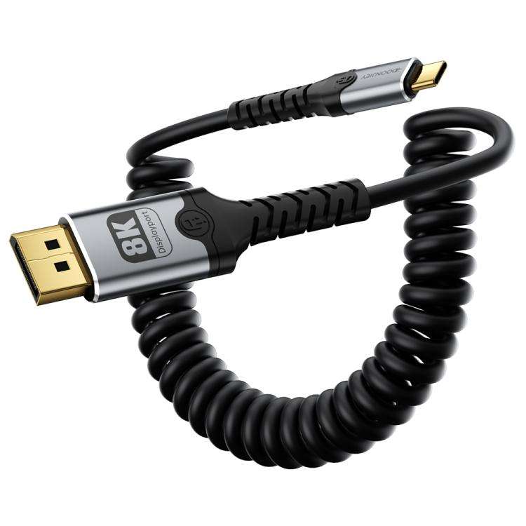 DOONJIEY Type-C to DisplayPort 2.1 UHD 8K 60Hz Audio & Video Mirroring Coiled Cable, Length:2m(Bl...