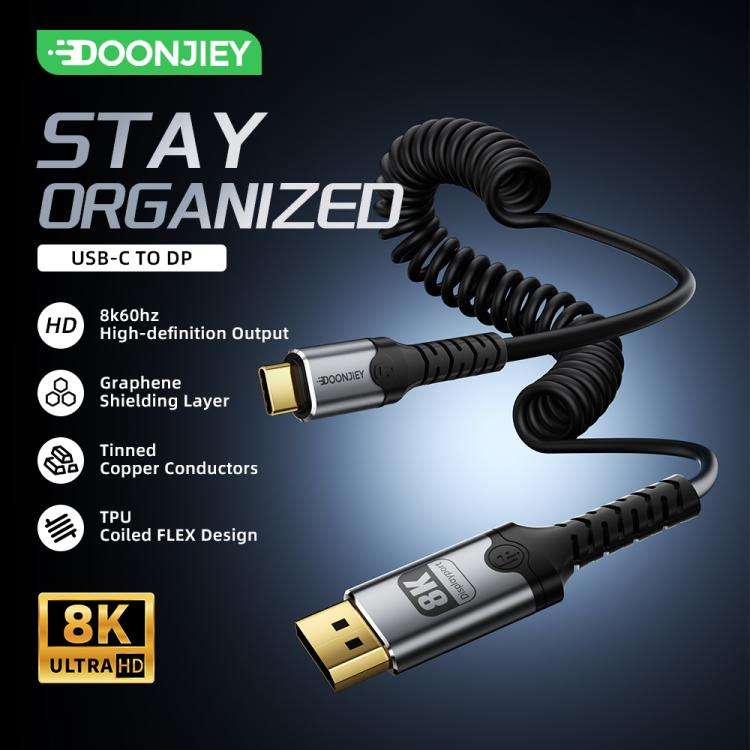 DOONJIEY Type-C to DisplayPort 2.1 UHD 8K 60Hz Audio & Video Mirroring Coiled Cable, Length:2m(Bl...