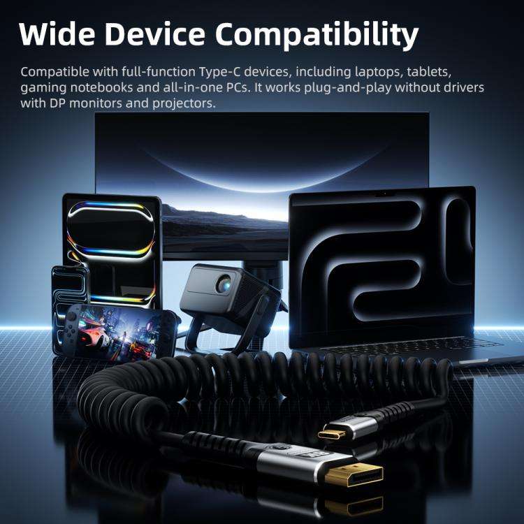 DOONJIEY Type-C to DisplayPort 2.1 UHD 8K 60Hz Audio & Video Mirroring Coiled Cable, Length:2m(Bl...