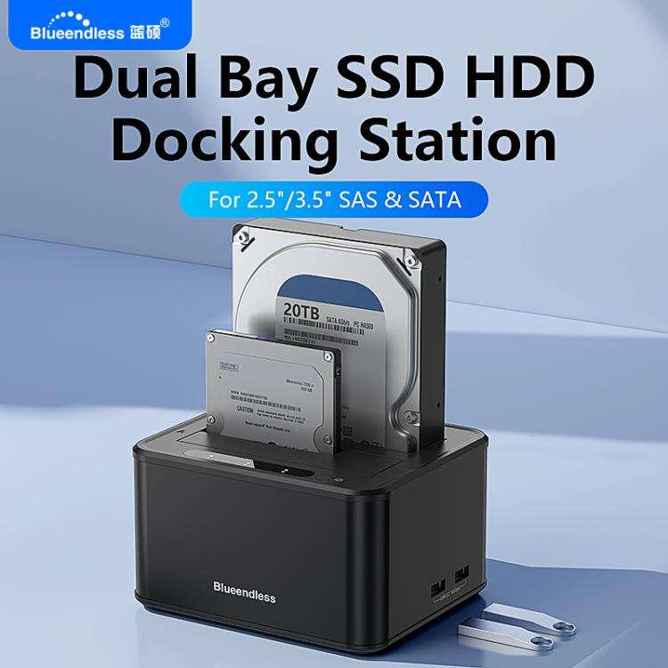 Blueendless HD07S 2.5/3.5 inch SAS/SATA Dual-bay Hard Drive Docking Station, Plug:EU Plug(Black)