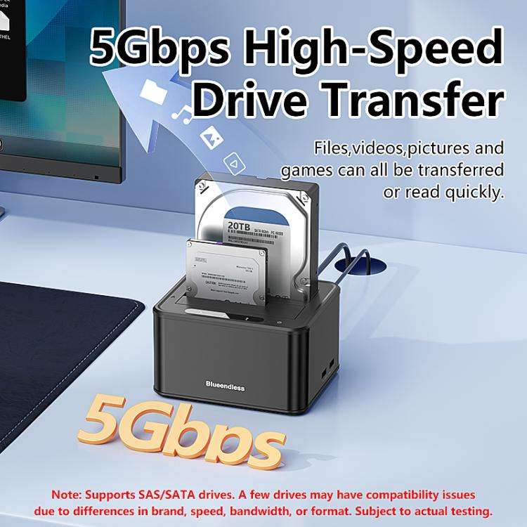 Blueendless HD07S 2.5/3.5 inch SAS/SATA Dual-bay Hard Drive Docking Station, Plug:EU Plug(Black)