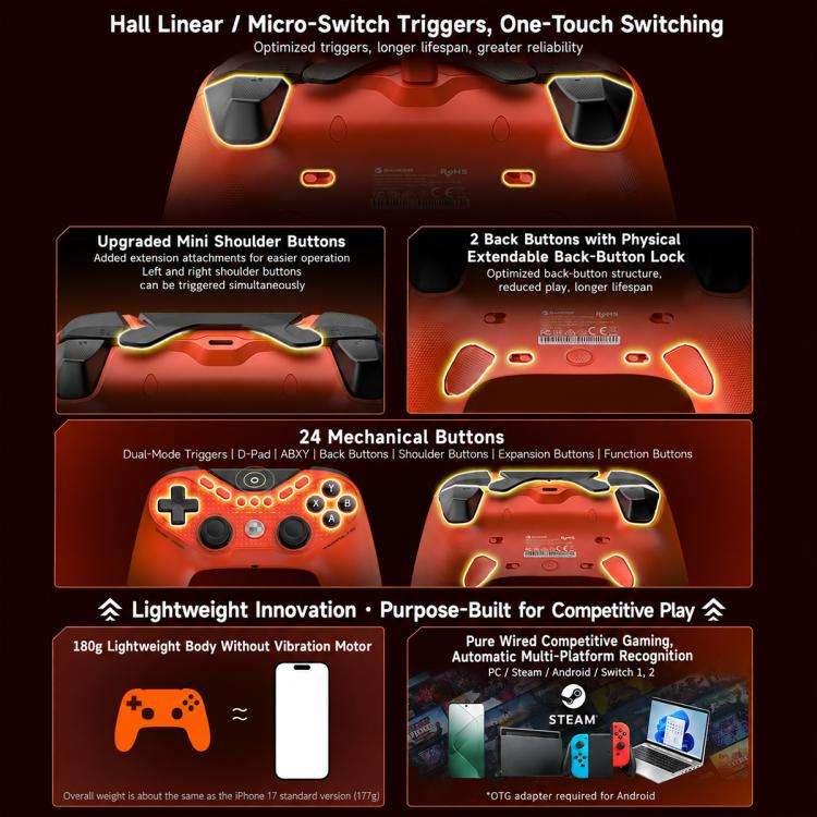GameSir T3 CE Tarantula 8K Wired Game Controller for Switch, PC, Android, Steam(Orange)