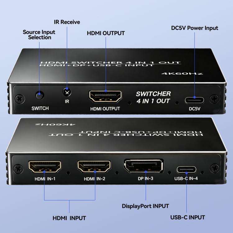 NK-666 4K/60Hz HDMI 4x1 Split Switch with Remote Control(Black)