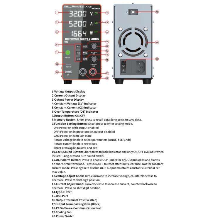 JTX-3005 Multiple Protections 4-Digit Display Adjustable DC Power Supply, Plug:US Plug