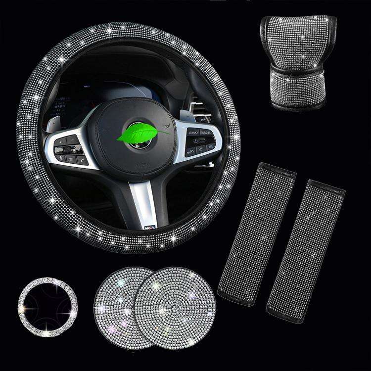 7 in 1 Set Car Diamond Studded Steering Wheel Cover, Diameter: 38cm(White)