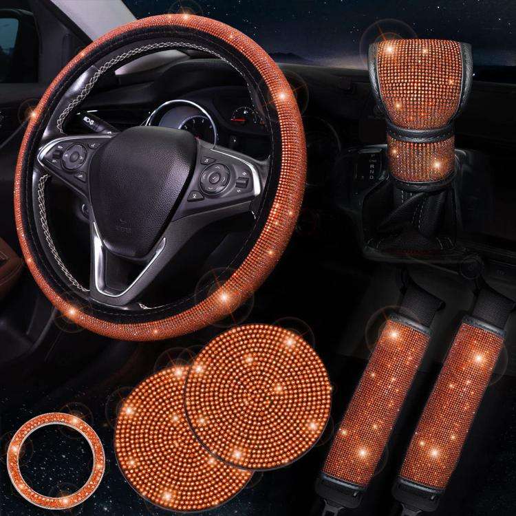 7 in 1 Set Car Diamond Studded Steering Wheel Cover, Diameter: 38cm(Orange)
