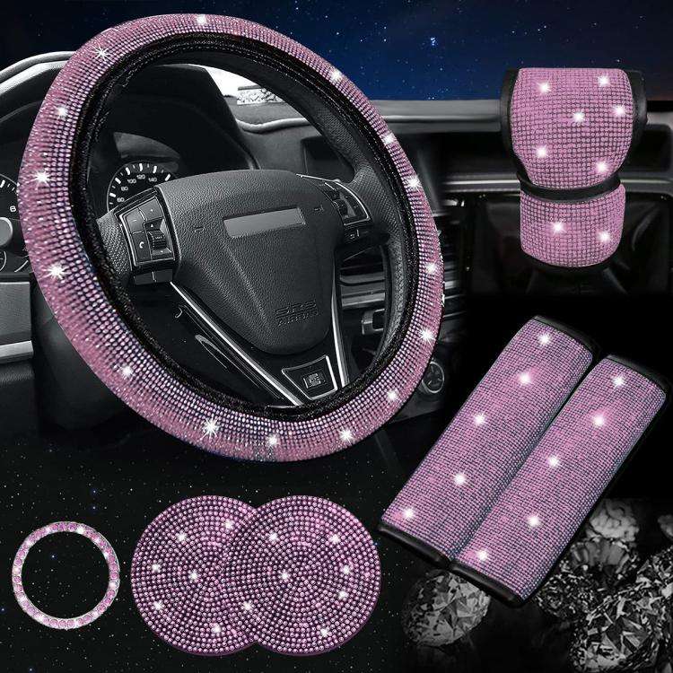 7 in 1 Set Car Diamond Studded Steering Wheel Cover, Diameter: 38cm(Pink)