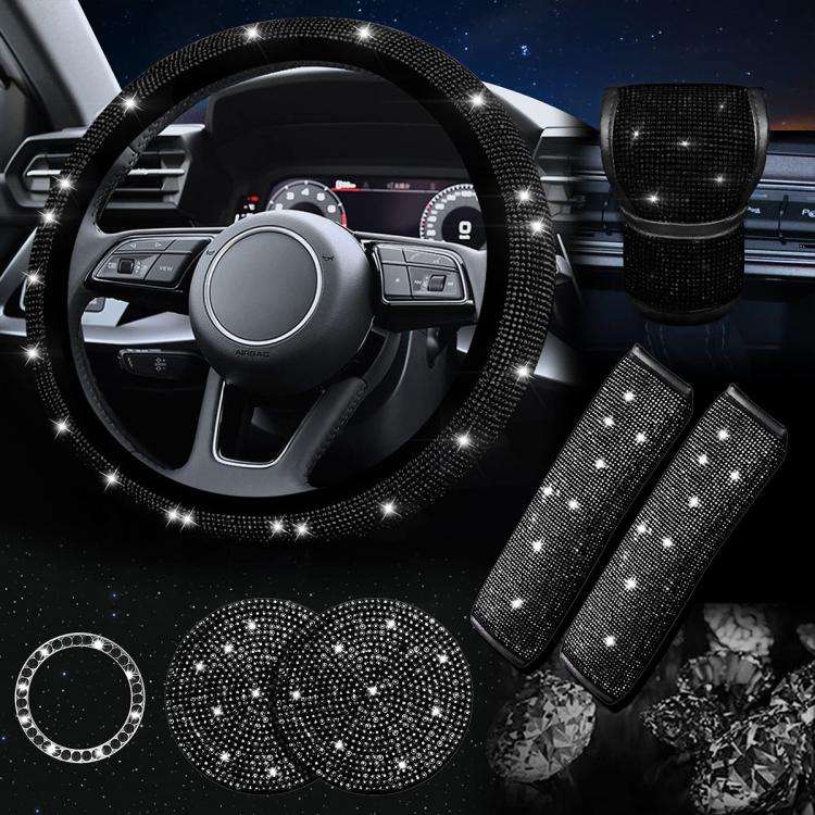 7 in 1 Set Car Diamond Studded Steering Wheel Cover, Diameter: 38cm(Black)