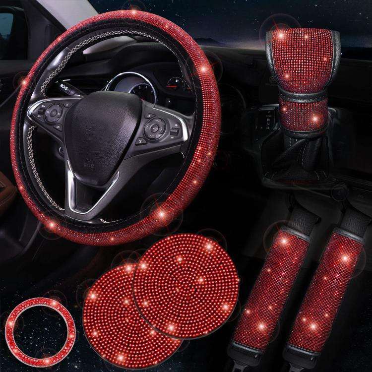 7 in 1 Set Car Diamond Studded Steering Wheel Cover, Diameter: 38cm(Red)
