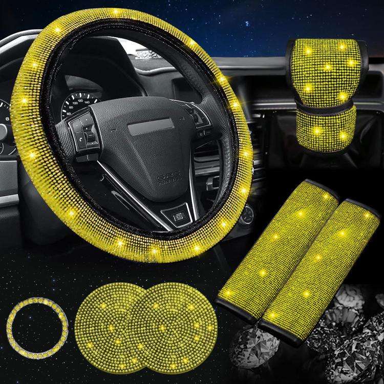 7 in 1 Set Car Diamond Studded Steering Wheel Cover, Diameter: 38cm(Yellow)