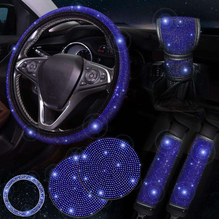 7 in 1 Set Car Diamond Studded Steering Wheel Cover, Diameter: 38cm(Blue)