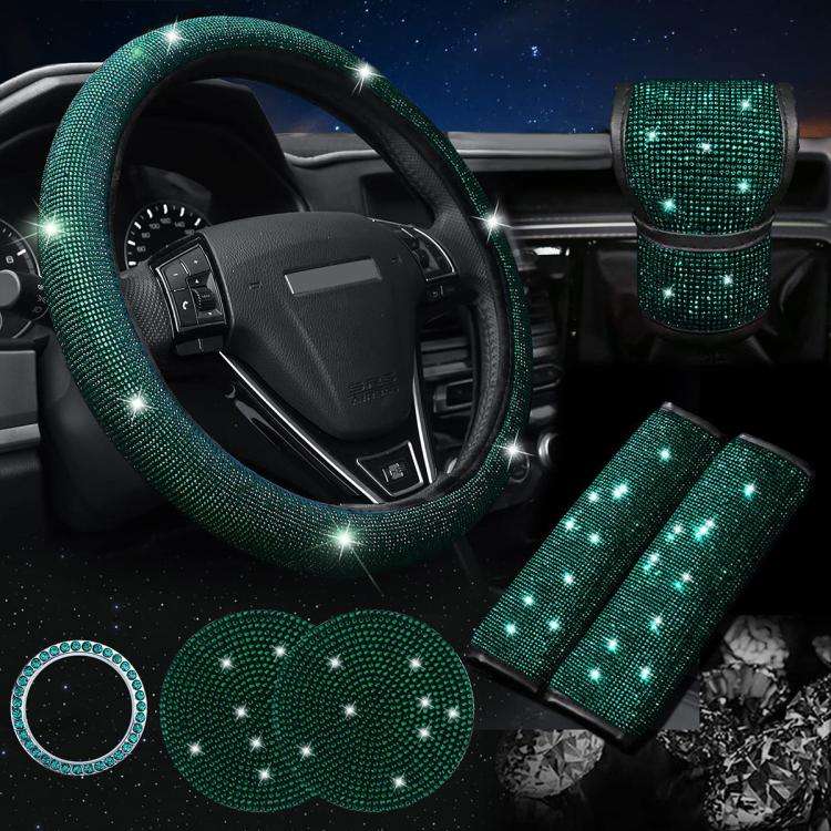 7 in 1 Set Car Diamond Studded Steering Wheel Cover, Diameter: 38cm(Green)