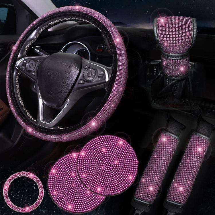 7 in 1 Set Car Diamond Studded Steering Wheel Cover, Diameter: 38cm(Rose Red)