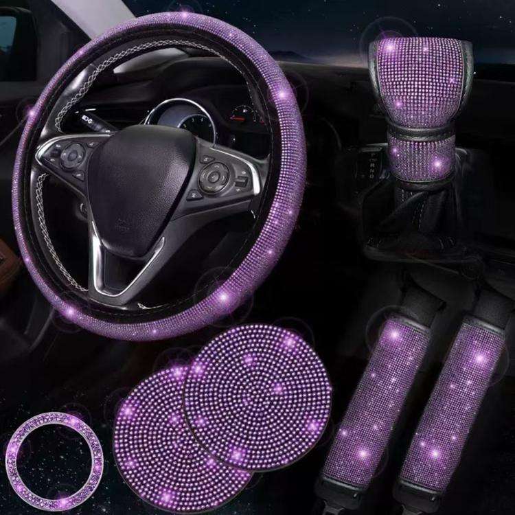 7 in 1 Set Car Diamond Studded Steering Wheel Cover, Diameter: 38cm(Light Purple)