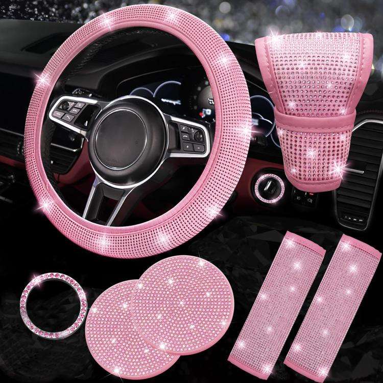 7 in 1 Set Car Diamond Studded Steering Wheel Cover, Diameter: 38cm(Full Pink)