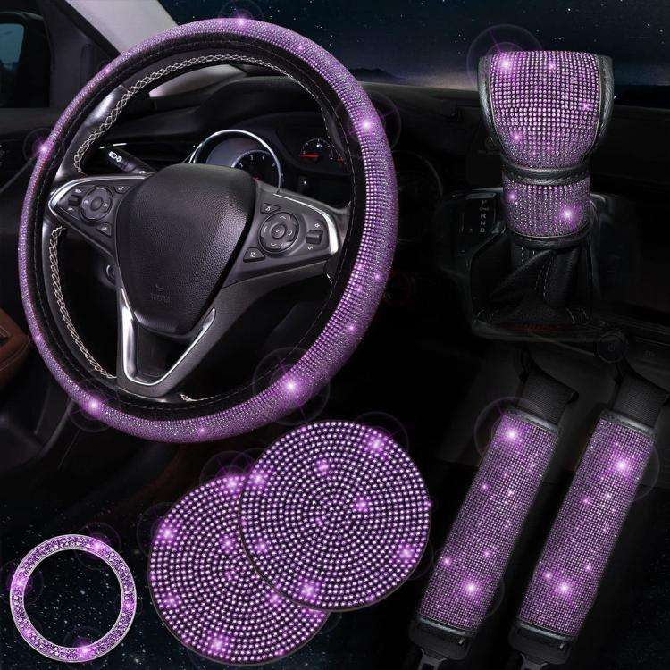 7 in 1 Set Car Diamond Studded Steering Wheel Cover, Diameter: 38cm(Dark Purple)