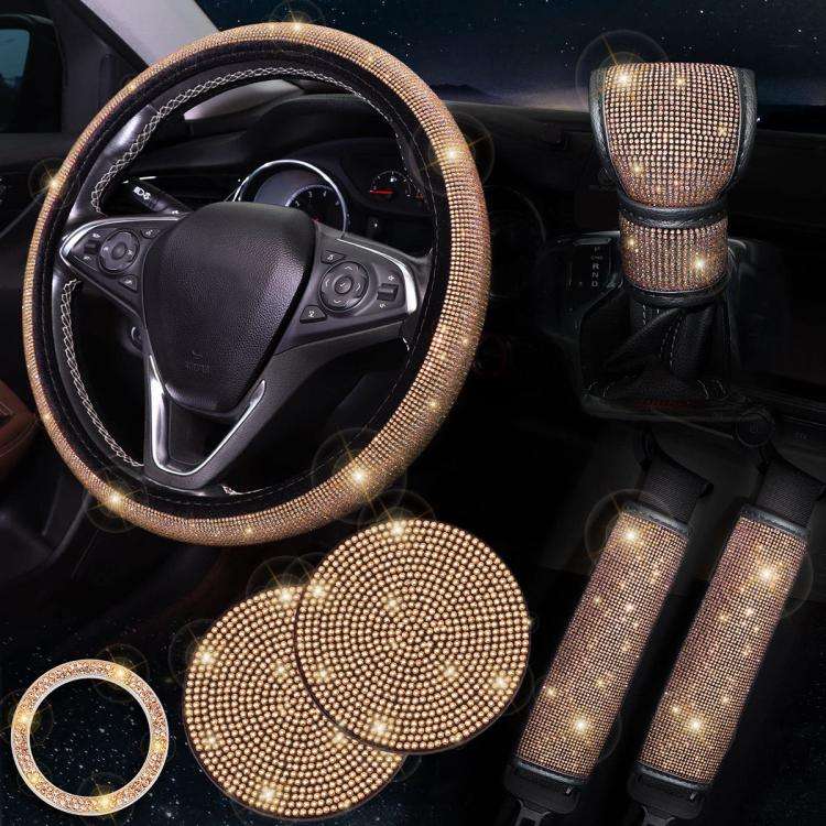 7 in 1 Set Car Diamond Studded Steering Wheel Cover, Diameter: 38cm(Champagne)