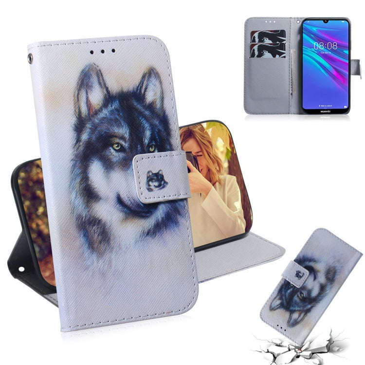 White Wolf Pattern Coloured Drawing Horizontal Flip Leather Case for Huawei Y6 (2019), with Holde...