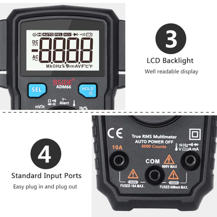 BSIDE ADM66 Handheld Household 6000 Count AC / DC Current Voltage Capacitor Automatic Range Multi...