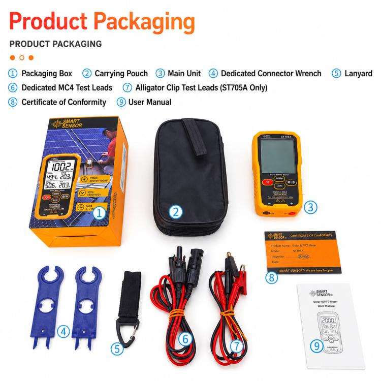SMART SENSOR ST705 1000W Solar Panel Tester Meter MPPT Photovoltaic Multimeter (Yellow)