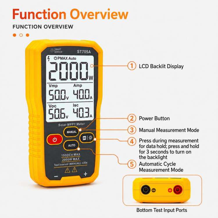 SMART SENSOR ST705A 2000W Solar Panel Tester Meter MPPT Photovoltaic Multimeter (Yellow)