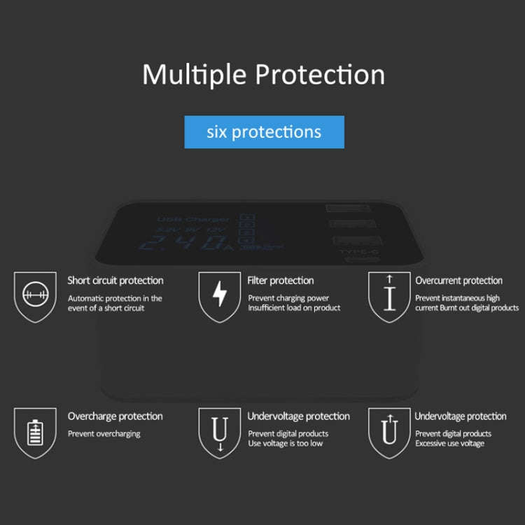 CDA30 20W 3 USB Ports + USB-C / Type-C Ports Multi-function Charger with LED Display, UK Plug