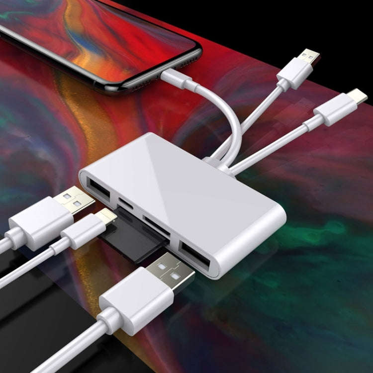 5 in 1 8 Pin + Type-C / USB-C + USB + TF Card + SD Card Multi-function Camera Reader Adapter