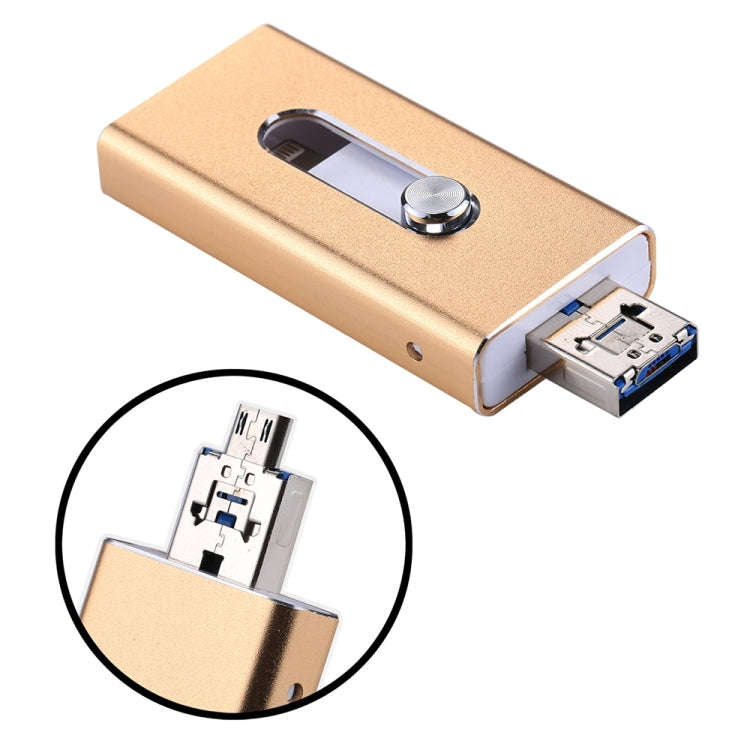 RQW-02  3 in 1 USB 2.0 & 8 Pin & Micro USB 16GB Flash Drive(Gold)