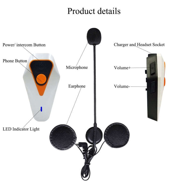 WT002 1000m IPX5 Waterproof Motorcycle 2 Users Full Duplex Talking Bluetooth Intercom Multi-Inter...