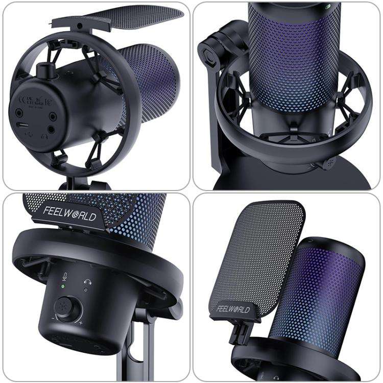 FEELWORLD VM1-XS USB Condenser Gaming Microphone for Streaming Noise Cancellation Mute RGB Light ...