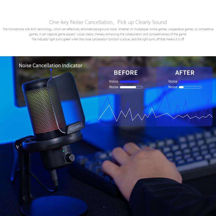 FEELWORLD VM1-XS USB Condenser Gaming Microphone for Streaming Noise Cancellation Mute RGB Light ...