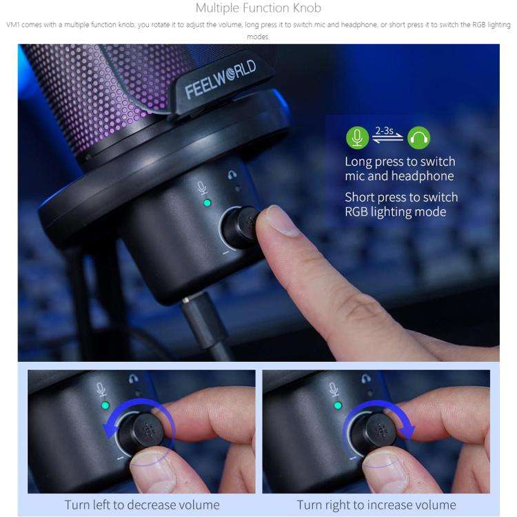 FEELWORLD VM1-XS USB Condenser Gaming Microphone for Streaming Noise Cancellation Mute RGB Light ...