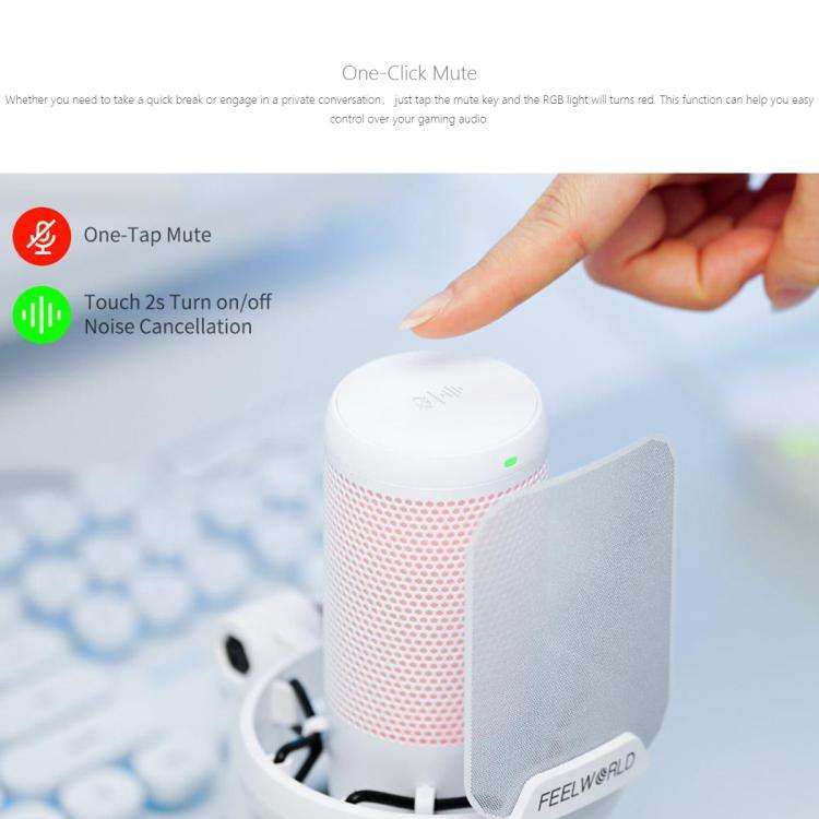 FEELWORLD VM1-XS USB Condenser Gaming Microphone for Streaming Noise Cancellation Mute RGB Light ...