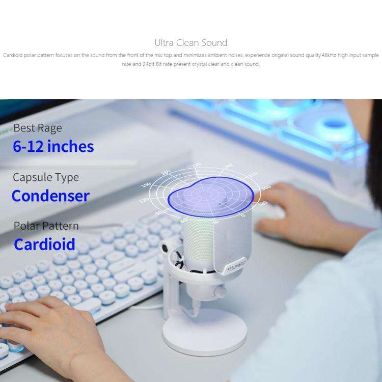 FEELWORLD VM1-XS USB Condenser Gaming Microphone for Streaming Noise Cancellation Mute RGB Light ...