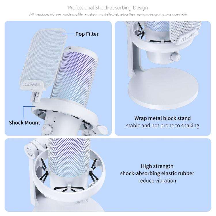 FEELWORLD VM1-XS USB Condenser Gaming Microphone for Streaming Noise Cancellation Mute RGB Light ...