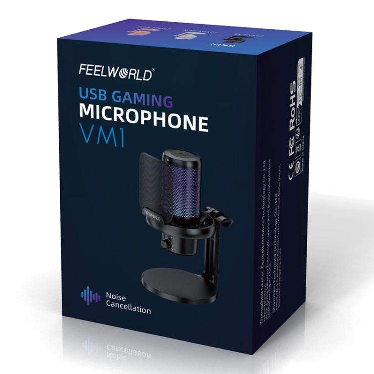 FEELWORLD VM1-XS USB Condenser Gaming Microphone for Streaming Noise Cancellation Mute RGB Light ...