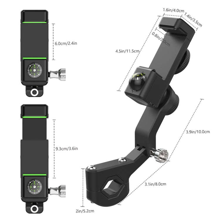 Motorcycle Spherical Compass Phone Holder, Handlebar with Light (Black)