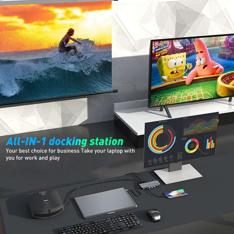 Rocketek HC451 Type-C to 60W PD + 4K HDMI + DP + 100M RJ45 14 in 1 HUB Adapter