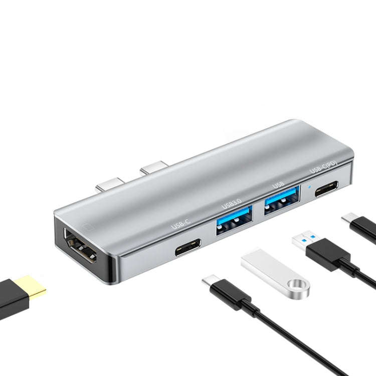 YG-2102 5 in 1 Dual USB-C / Type-C to USB Docking Station HUB Adapter (Silver)