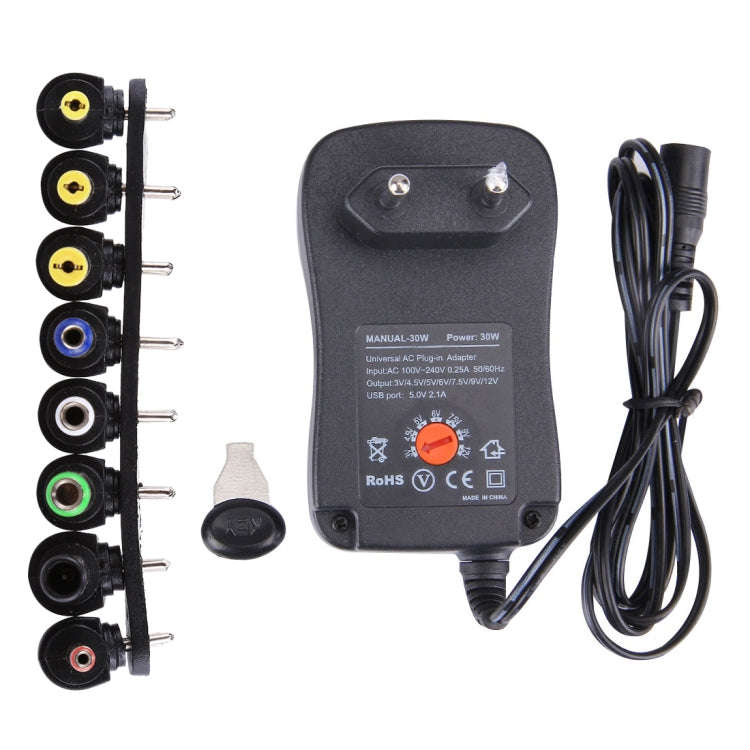 EU Plug Universal 30W Power Wall Plug-in Adapter with 5V 2.1A USB Port, Tips: 6 PCS, Cable Length...